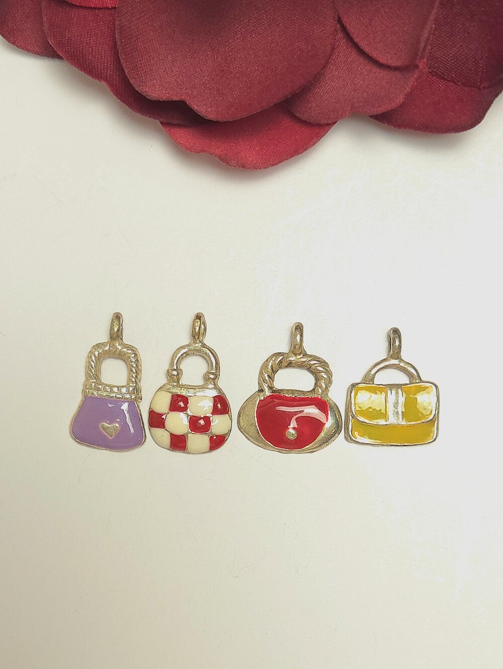 4 Silver Purse Charms Pendants Purple, Red, Red/White & Yellow Hand Bag Charms